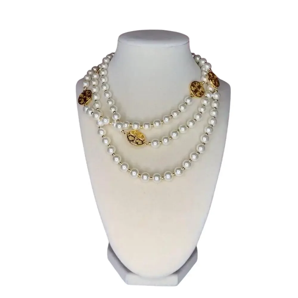 Tory Burch Evie Single Strand Faux Pearl & Logo Necklace NWOT